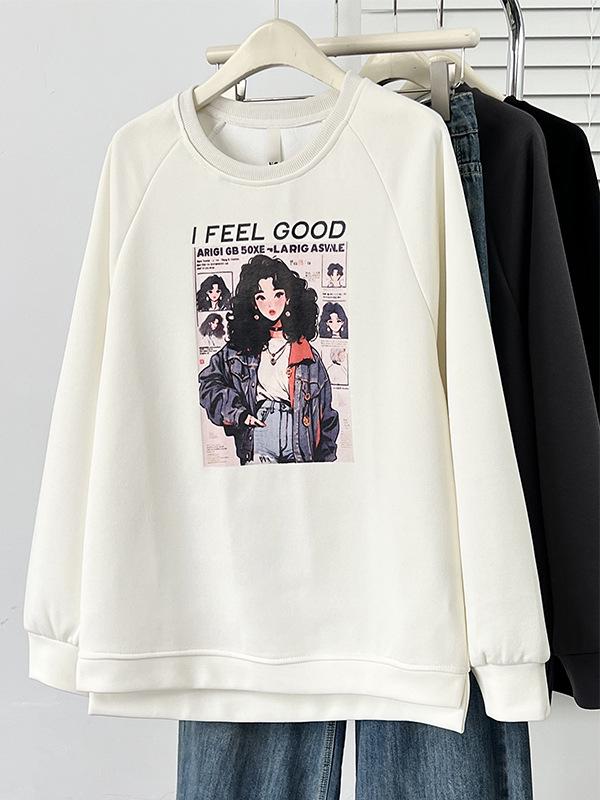 2026 Spring Plus Size Loose Hoodie with Fashionable Woman Print, Round Neck, and Raglan Sleeves