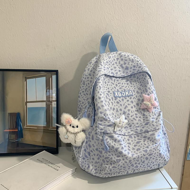 Fashion Pattern Leopard Student Backpack With Plush Pendant For Daily Use