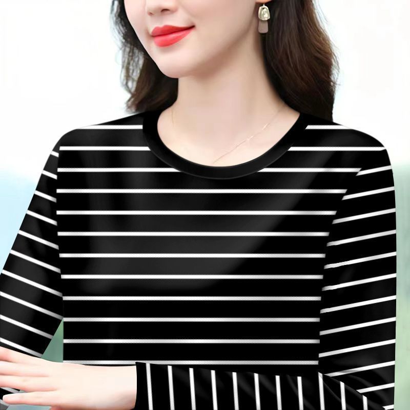 Round Neck Striped Long-sleeved T-shirt Women's Autumn Loose Korean Style Large Size Middle-aged Mother's Wear Fashionable New Style Top
