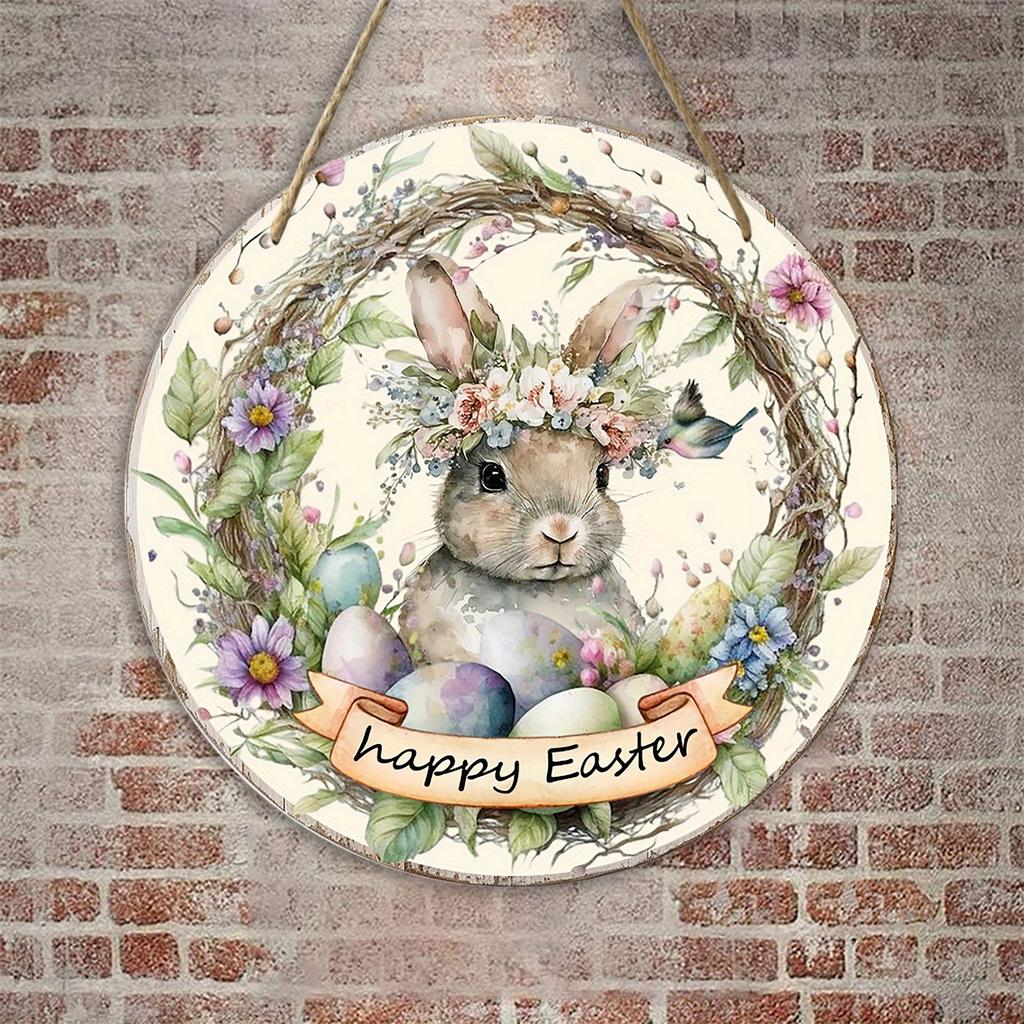 2d Flat 20*20cm, Easter Decoration, Happy Easter, Wooden Circular Wall Decoration, Cartoon Rabbit Easter Egg Welcome Door Number, for Home, Kitchen