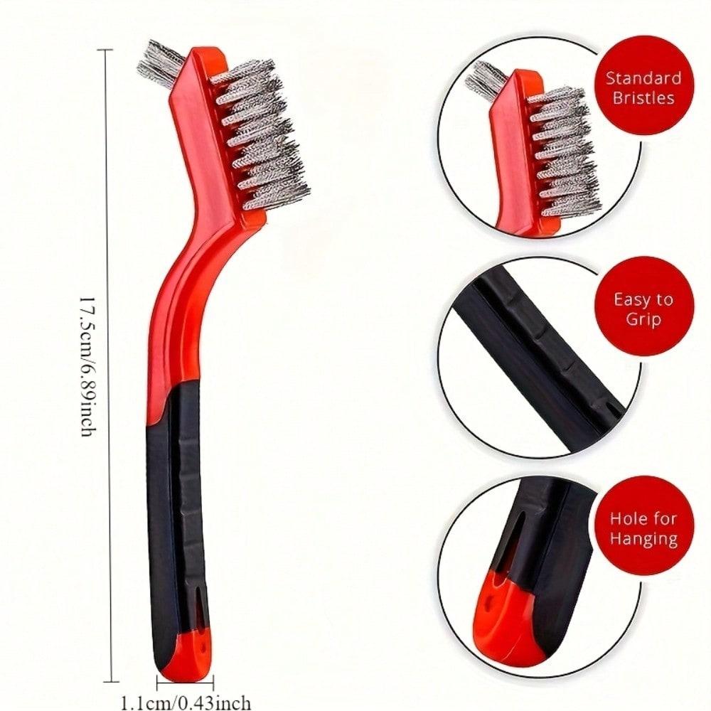 3pcs/set Wire Brush with Curved Handle - Deep Cleaning for Rust, Dirt & Paint Removal, Red, Deep Cleaning Brush|Curved Handle Brush|Metallic Bristles