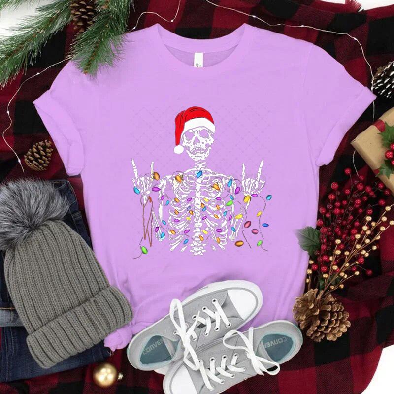 Christmas Skeleton Shirt Funny Lights Skull TShirts for Unisex Unisex Classic Street Style Tops Tees Xmas Santa Hat Skull Clothes