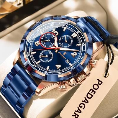 POEDAGAR Men's Watch Luminous Waterproof Stainless Steel Male Watch Chronograph Date Sports Quartz Watches