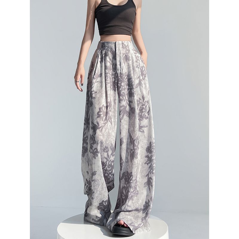 Small ICE Cotton Hemp Printing Work Clothing High Waist Elastic Slim Looking Loose Straight-leg Casual Loose Pants Mop Pants Women