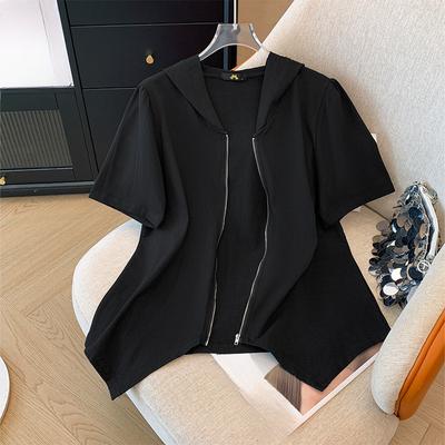 Top de Manga Curta com Capuz Tamanho Grande para Mulheres Verão Novo Design Camiseta de Manga Curta
