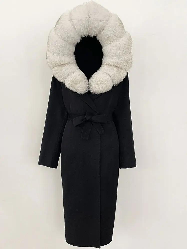 OFTBUY Winter Women Coat Real Natural Fox Fur Hooded Detachable Collar Double-faced Woolen Jacket Long Casual Elegant Overwears