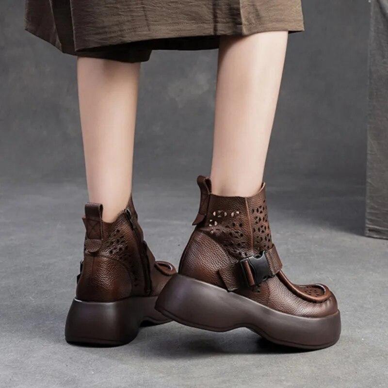 Johnature Breathable Hollow-out Boots Genuine Leather Lightweight Platform Sandals Thick Sole Women's Shoes