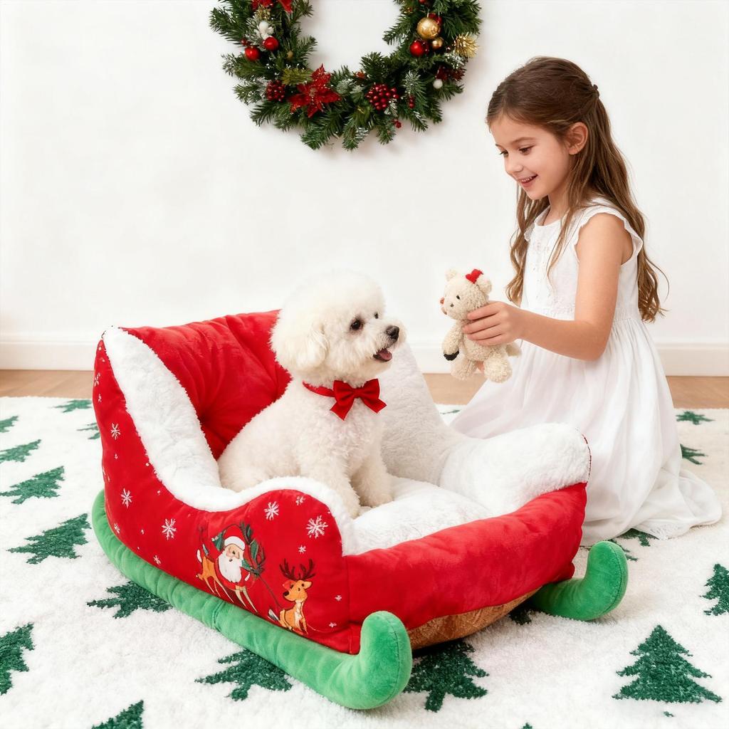 Christmas Washable Dog Sofa Bed Nest Dog Bed Sled Cat Hammock with Anti-slip bottom for Small Medium Cats Dogs Christmas Decor