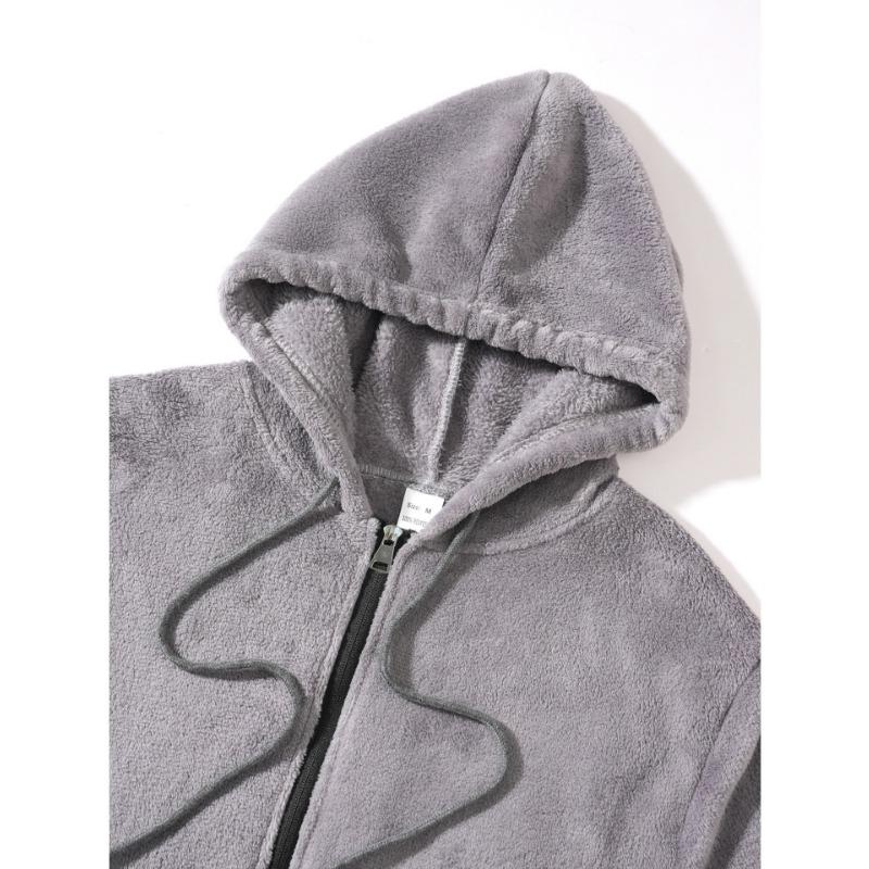 Solid Fleece Lined Drawstring Hooded Top And Long Pants Two Piece Casual Mens Set