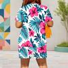 Women Plus Size Yellow White Printed Round Neck Short Sleeve Top Pocket Shorts Two Piece Set