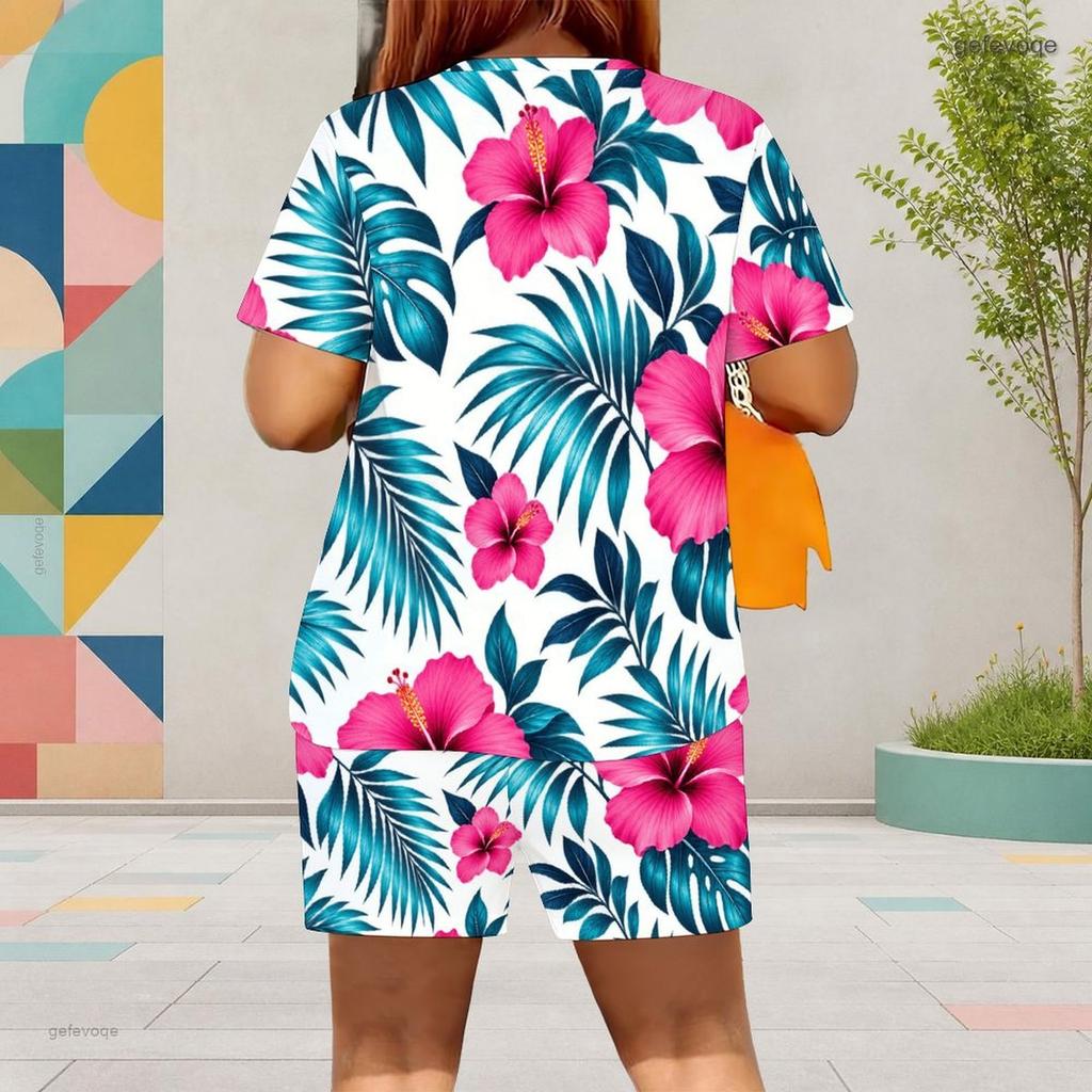 Women Plus Size Yellow White Printed Round Neck Short Sleeve Top Pocket Shorts Two Piece Set