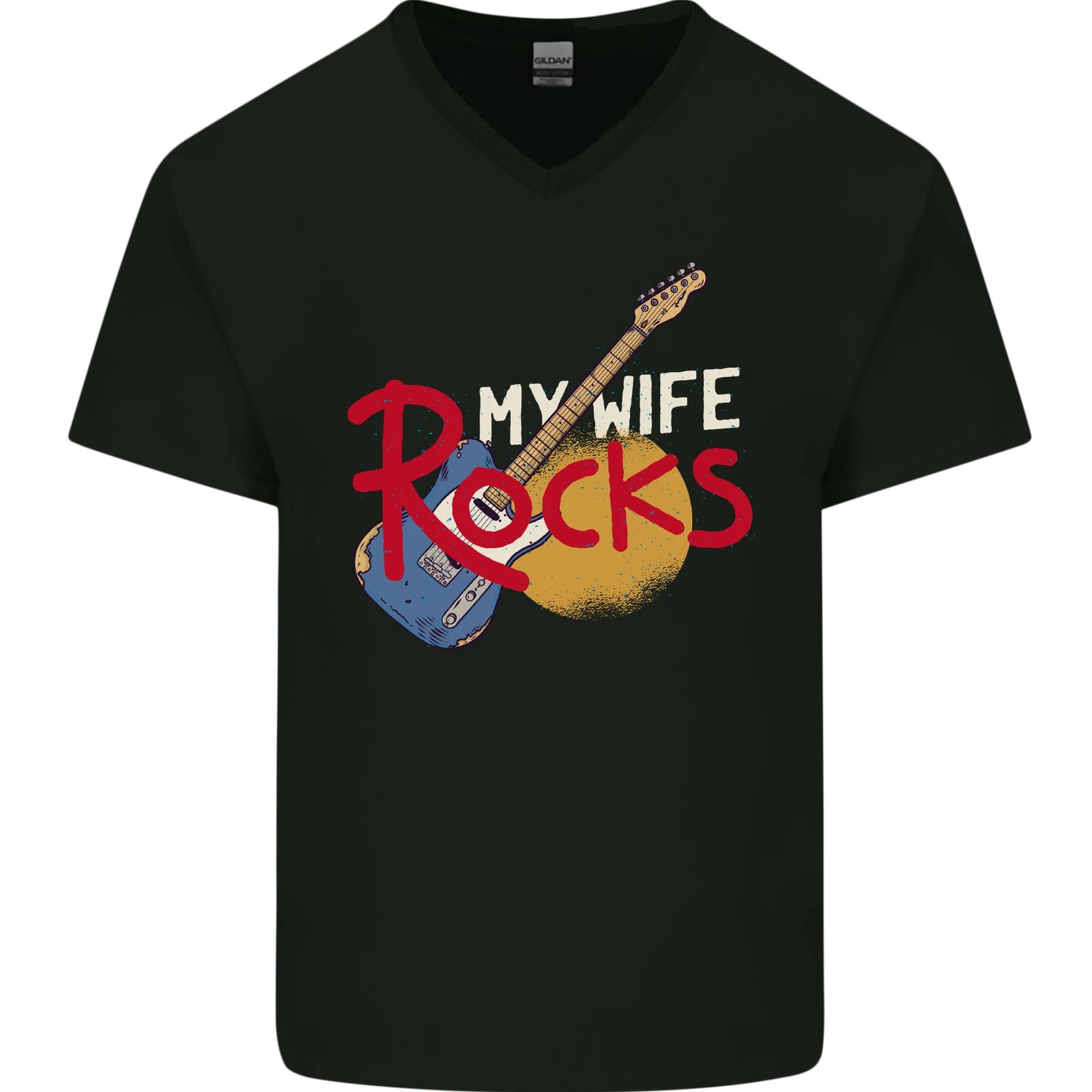 My Wife Rocks Funny Music Guitar Mens VNeck Cotton T-shirt S