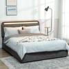 Storage Bed 140 X 190 Cm with LED Lighting, Adjustable Headboard, Double Bed Frame, Wooden Slatted Base, Grey