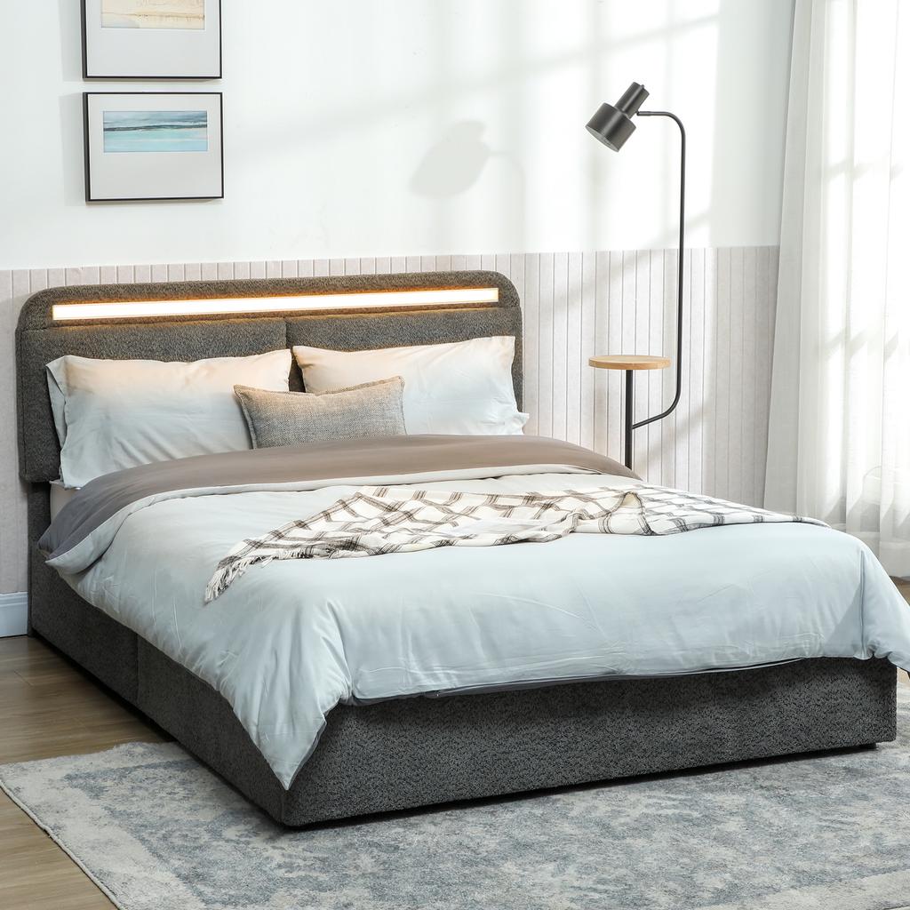 Storage Bed 140 X 190 Cm with LED Lighting, Adjustable Headboard, Double Bed Frame, Wooden Slatted Base, Grey
