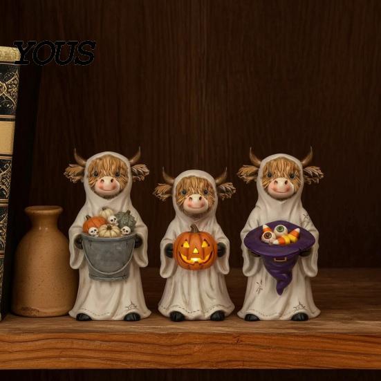Resin Craft Figurine 3Pcs Halloween Ghost Highland Cow Figurines, Yak Statues with Pumpkin, Farmhouse Dark Style Ornament Tabletop Ornaments