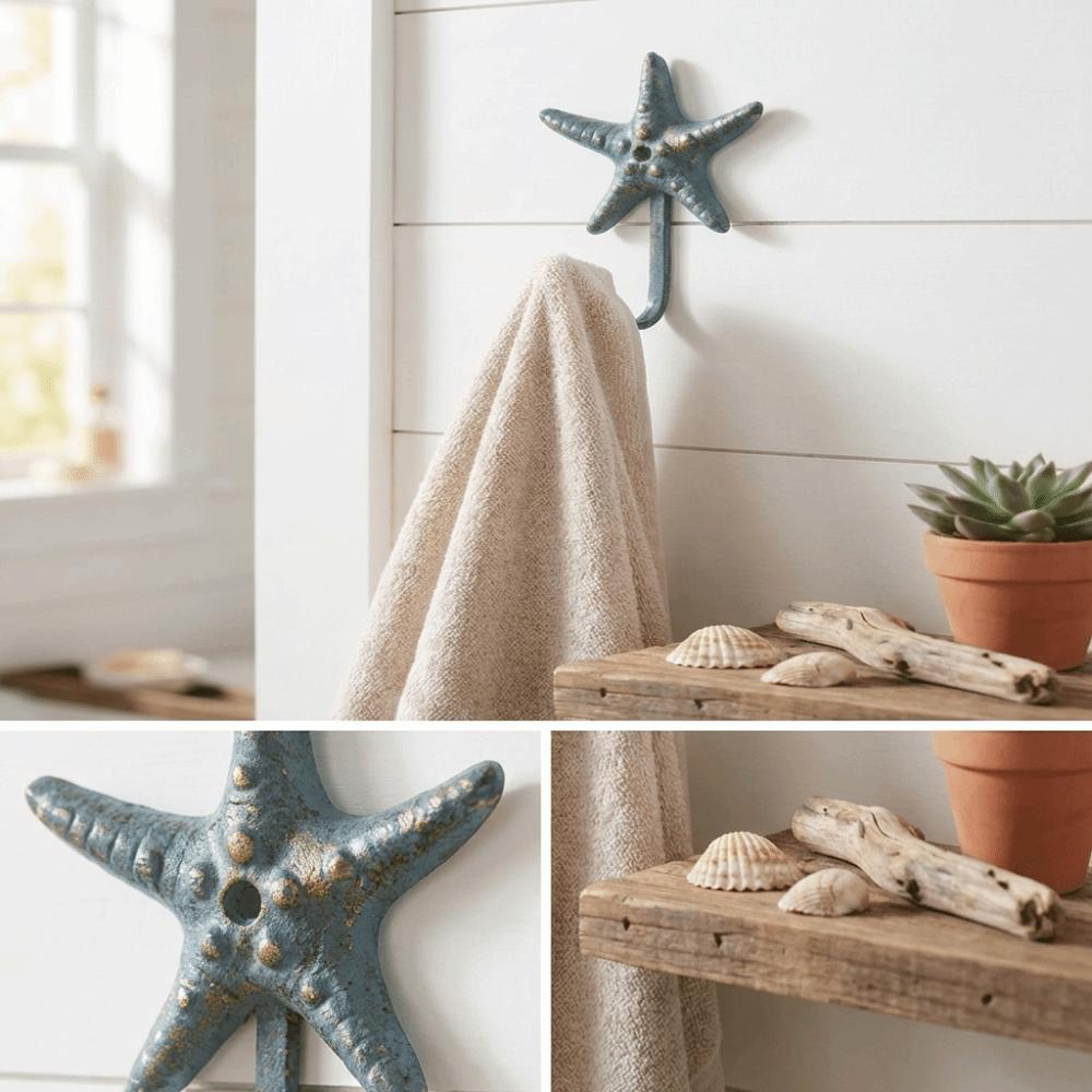 Starfish Shape Cast Iron Hook Ocean Blue Finish Vintage Rustic Wall Mounted Hook Gold Brushed Details Sturdy Cast Iron