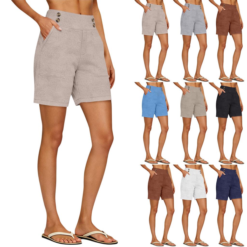 Weiche Shorts aus Baumwollleinen für Damen, Taschen, weicher Knopfverschluss, kein Reißverschluss, schmale Passform