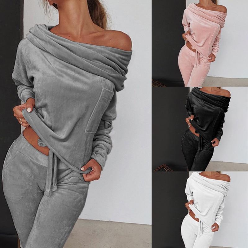 Ladies Sweatshirt Pants 2-piece Set Asymmetrical Strapless Velvet Sportswear Casual Wear Autumn and Winter S-5XL