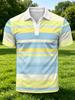 1pc Men'S Short Sleeve Polo Shirt, Multi-Size Available, Collar Button Design, Light Yellow Blue White Striped, White Lapel Short Sleeve Top, Suitable