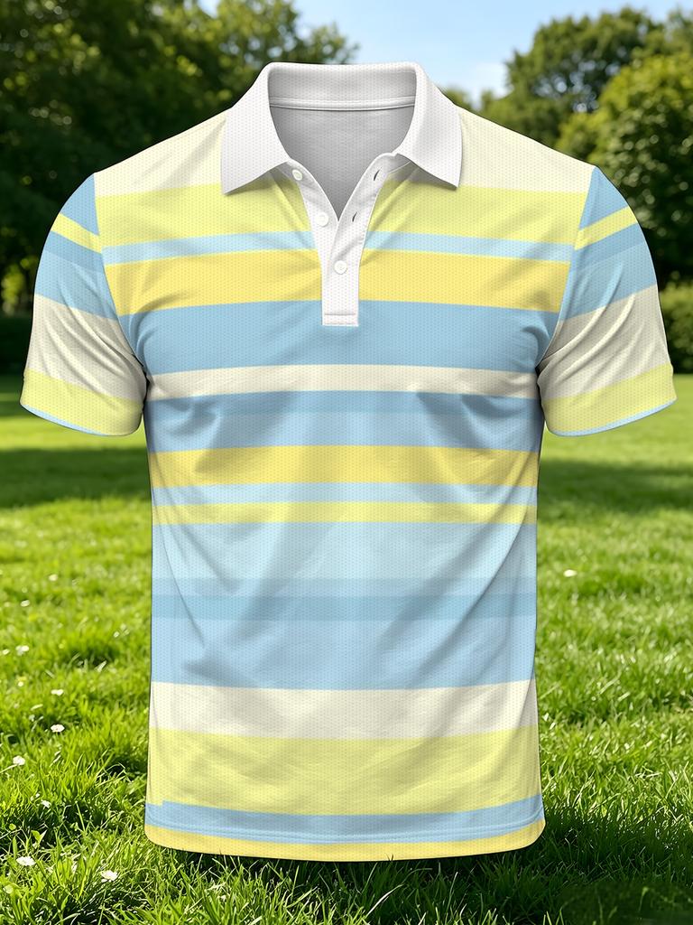 1pc Men'S Short Sleeve Polo Shirt, Multi-Size Available, Collar Button Design, Light Yellow Blue White Striped, White Lapel Short Sleeve Top, Suitable