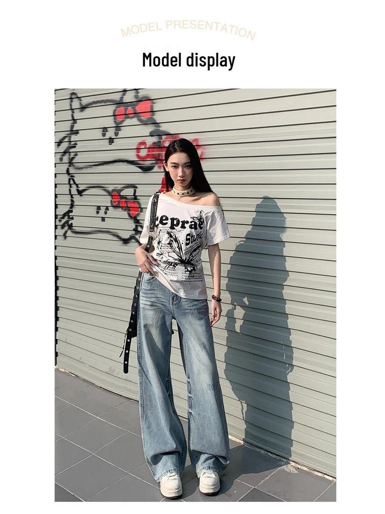 Women's Spring 2025 Retro American Light Blue Jeans - Loose Casual Slim Fit Straight Wide Leg Pants
