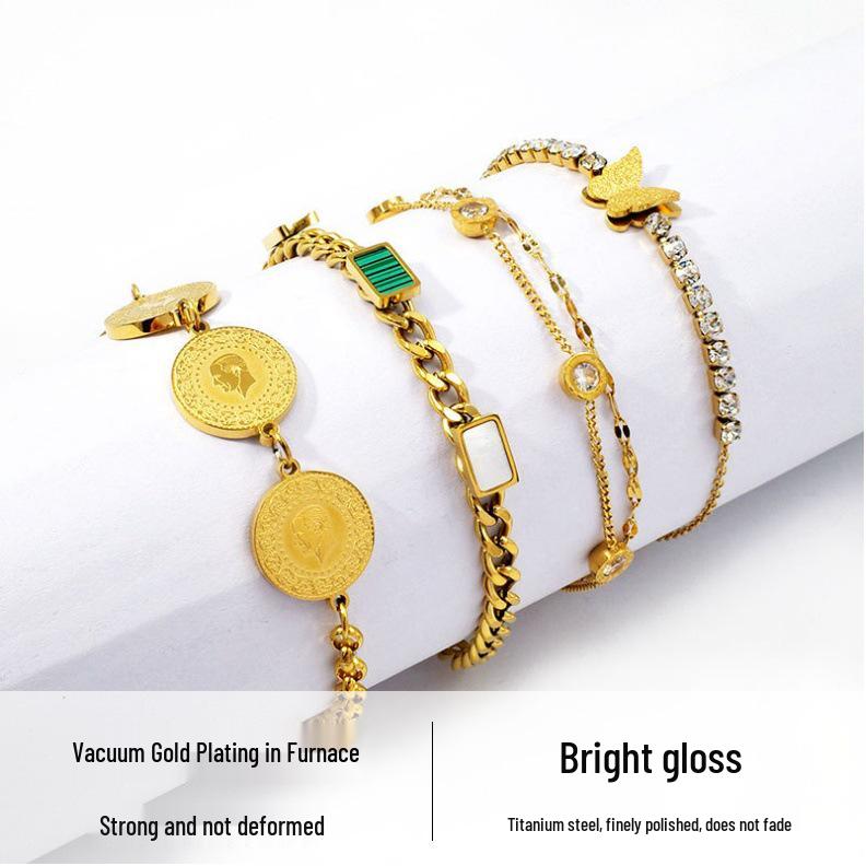 Elegant Gold-Plated Double-Layer Butterfly Bracelet with Diamonds, Fashionable Titanium Steel Jewelry for Women