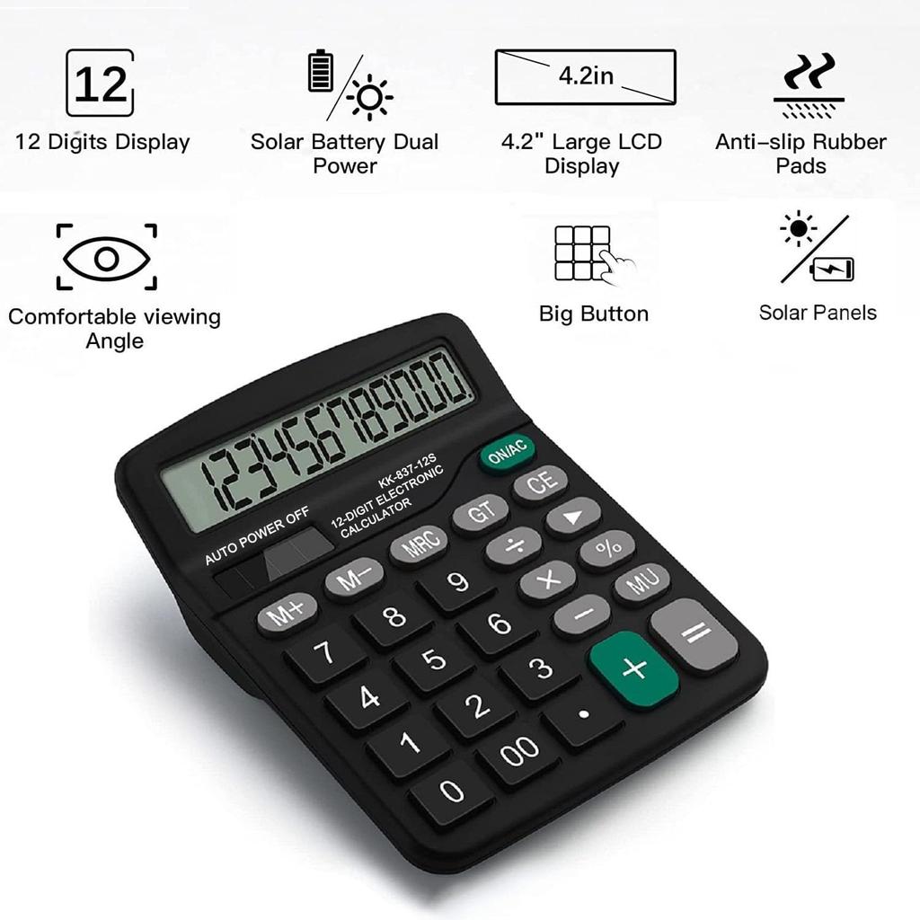 Office Desk Calculator - Dual Power Simple Financial Calculator with Big Button Large Display for Office, Home & School (Black)