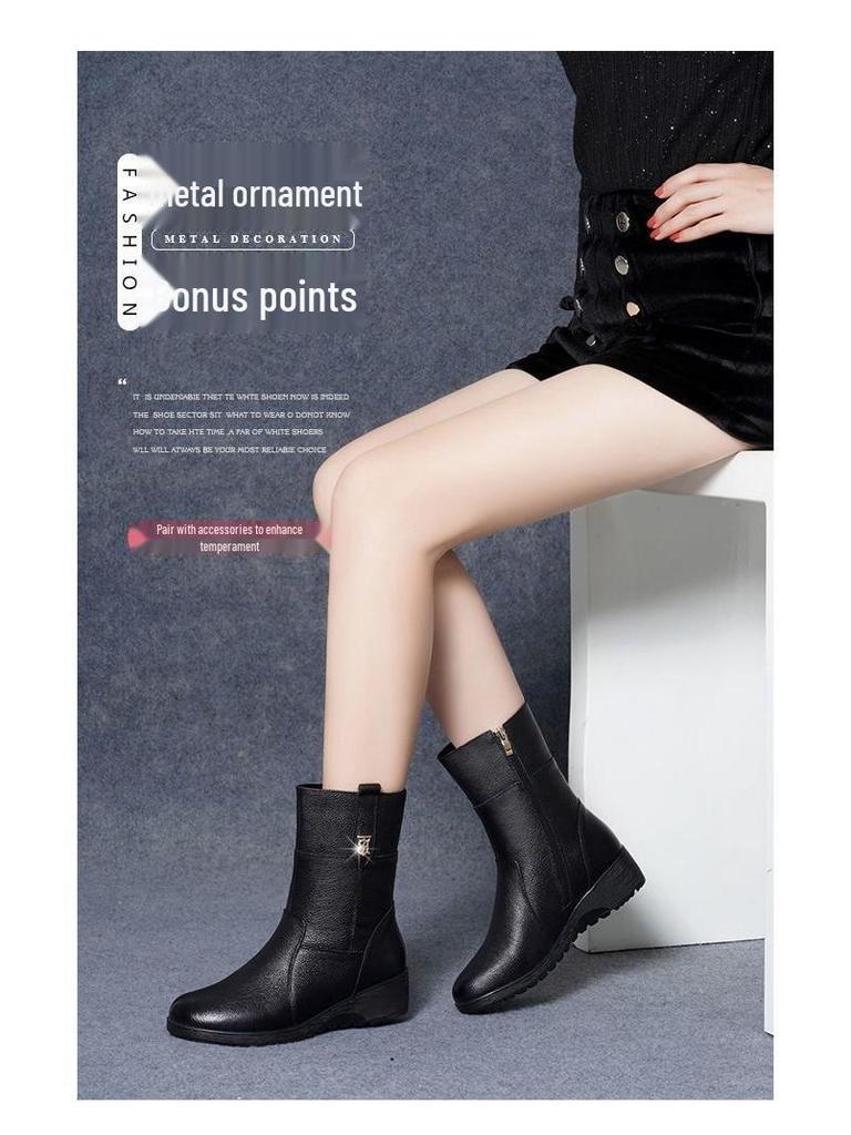 2025 Autumn/Winter Women's Fleece-Lined Wedge Heel Non-Slip Mid-Calf Cotton Martin Boots with Short Height Insole