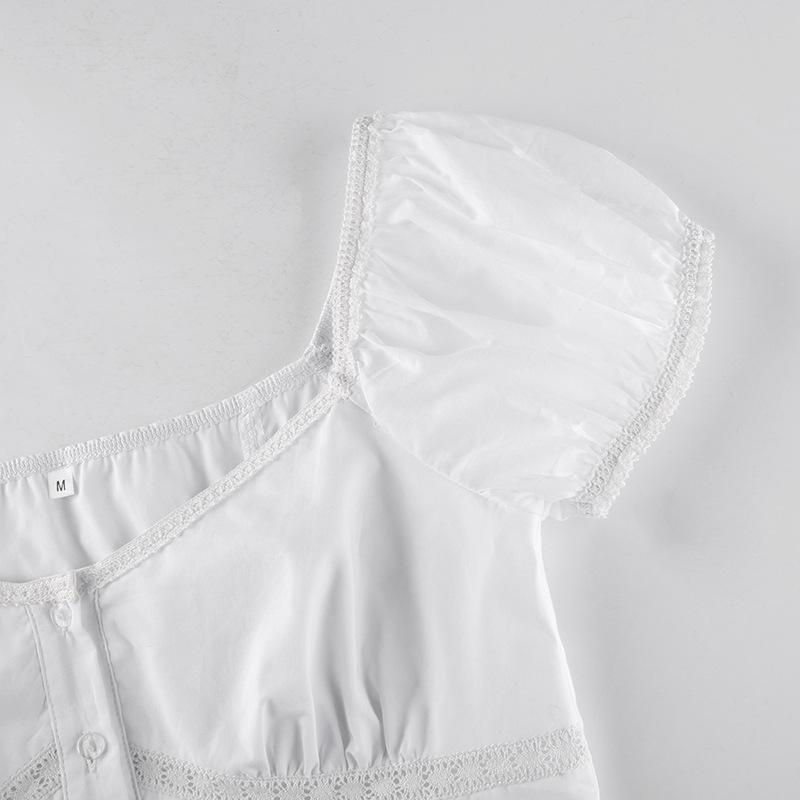 Short Puff Sleeve Lady T-Shirt Square Collar Skinny Crop Top Summer OL Tees All Match Button Vintage Women's Lace Clothe