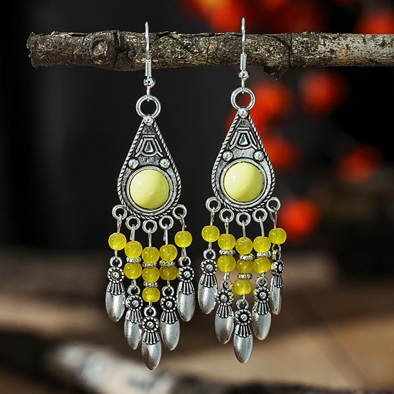 

Vintage Ethnic Crystal Bead Water Drop Tassel Earrings for Women Elegant Handmade Silver Color Dangle Earring Female Jewelry жёлтый