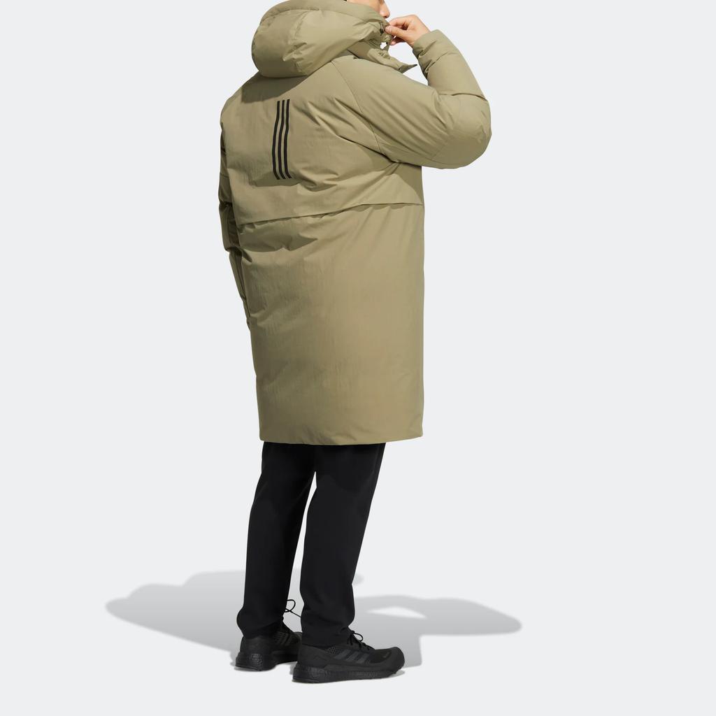 Adidas Goose Down Mid-Length Coat with Logo Patch and Zip-Up Hood Unisex Outerwear Green HR5234