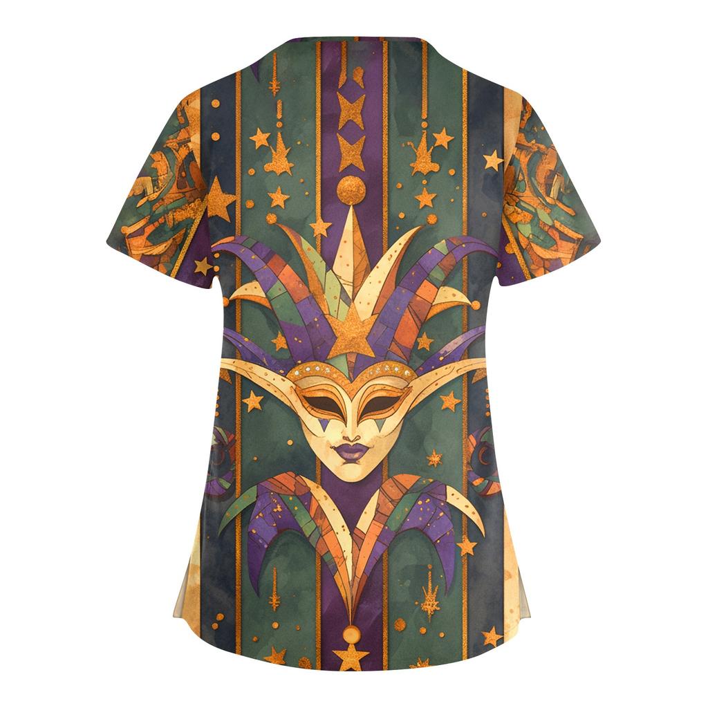 Damen Modische V-Ausschnitt Arbeitskleidung Bedruckt Kurzärmlig Tasche Seitenschlitz Arbeitskleidung Basic Pullover Top