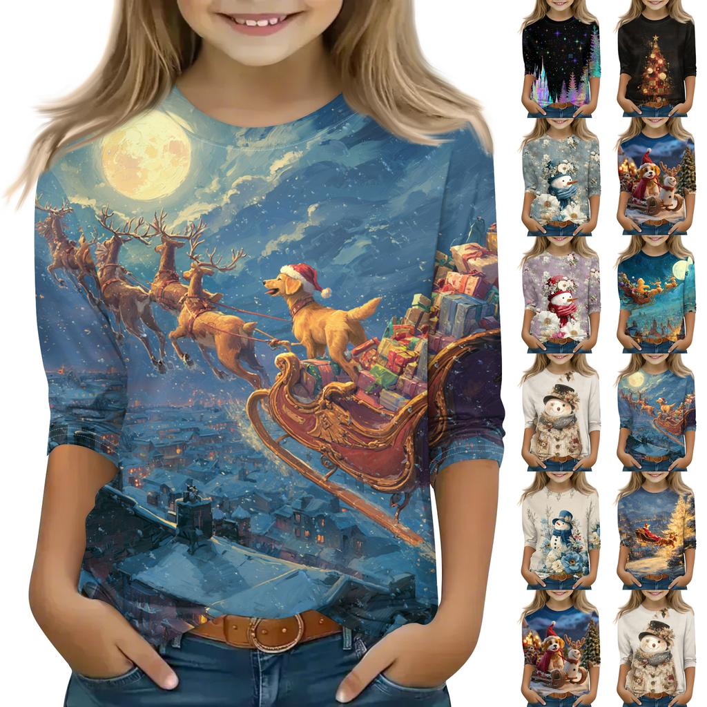 Jule trykk topper for unge jenter 4-11 år rund hals 3/4 ermer T-skjorter trendy topper antrekk tees
