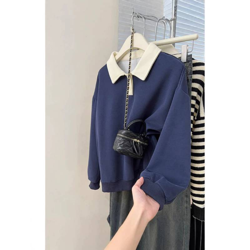 Vintage Polo Collar Womens Hoodie With Splicing Design For Spring Casual Wear