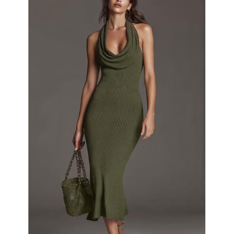 European and American Style Knitted Sleeveless Hip Wrap Dress Women's New Fashion Slim Pleated Long Dress Solid Color Sexy