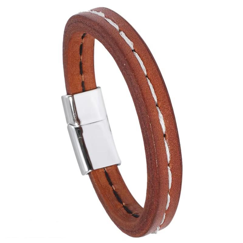Hot Selling Vintage Brown Genuine Leather Cuff Bracelet for Men Magnetic Clasp Jewelry with Alloy Trendy Vintage Fashion Jewelry 22.5cm серебряный