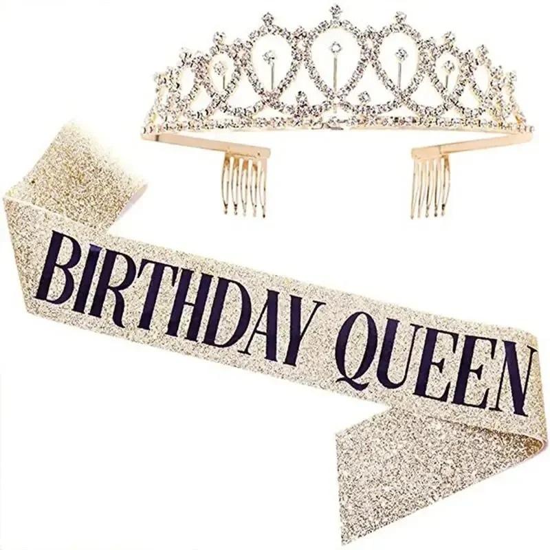 

Birthday Queen Sash & Rhinestone Tiara Set for Women Rhinestone Queen Tiara for Girl Glitter Crystal Hair Accessories золотистий