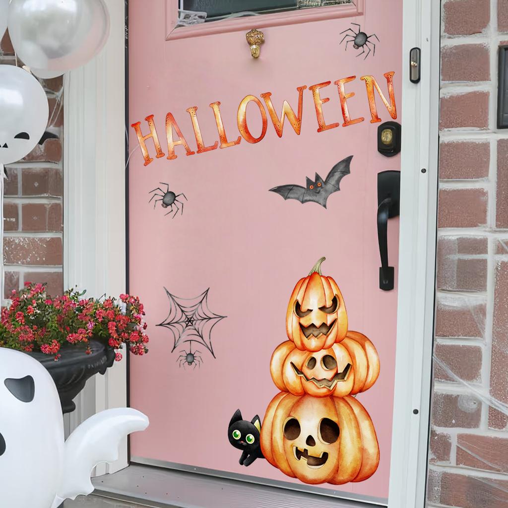 M20042 Hand-Painted Pumpkin Spider Web Bat Black Cat Wall Sticker Halloween Decoration Living Room Bedroom Background Self-Adhesive