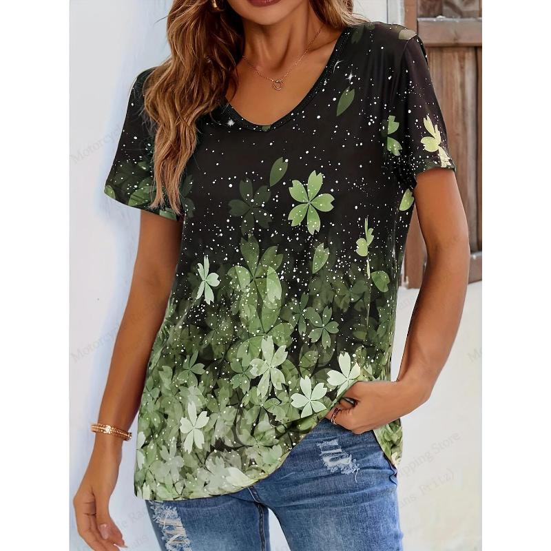 2025 New Floral 3d Print T-shirt Women Fashion V-Neck Short Sleeve Tshirt Female