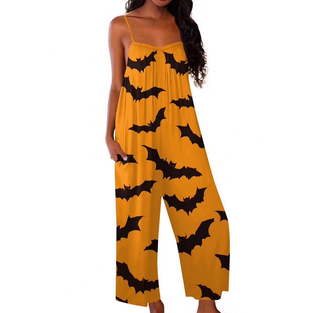 Women Halloween Printed Loose Jumpsuit Casual Sleeveless Wide Leg Romper Comfortable Fit for Seasonal Wear