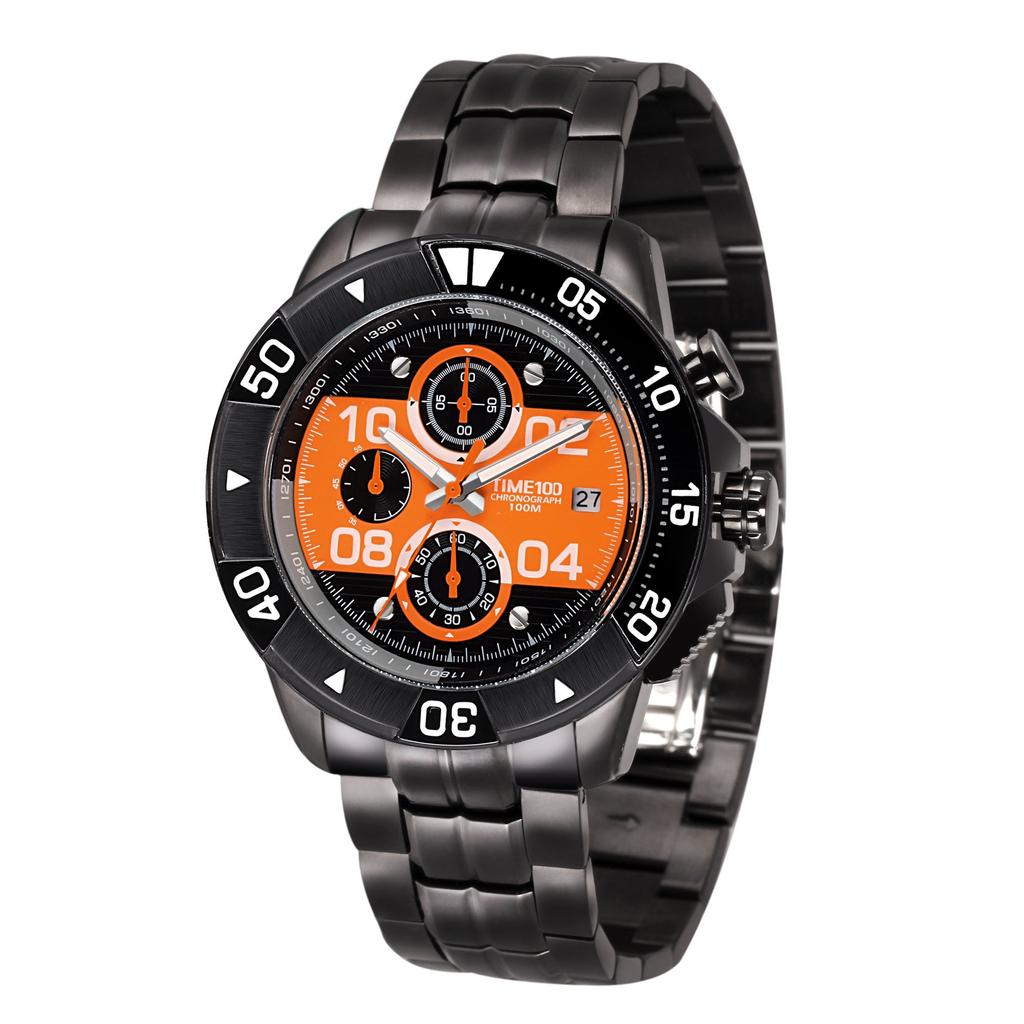 TIME100 Analog Watch with Black Case and Orange Waterproof and Sports Watch Men's Battery-Operated Dial, Easy-to-Read