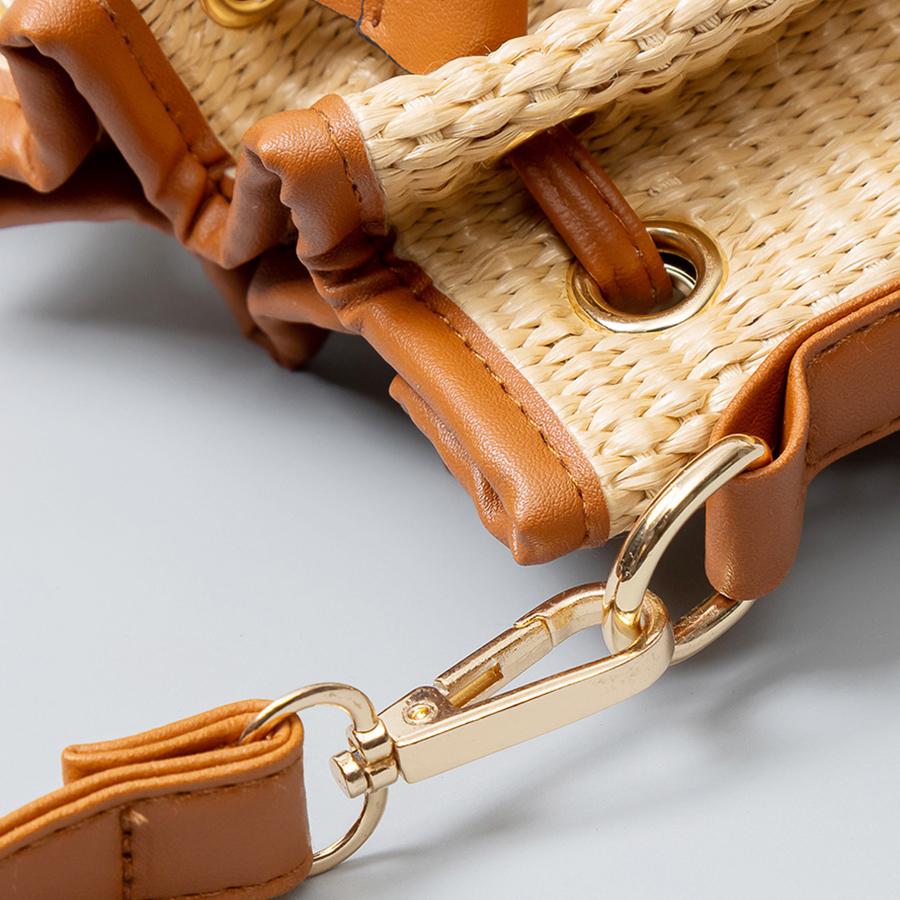 Damen PU-Leder und Stroh Eimerbeutel breiter genähter Henkel Kordelzug Reisetaschen handgefertigt neu