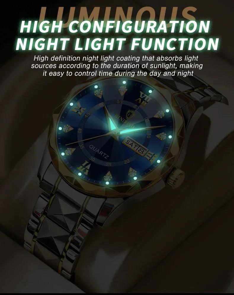 BINBOND Men's Waterproof Stainless Steel Quartz Watch Top Brand Luxury Night Glow Date Week Men's Watch 2521