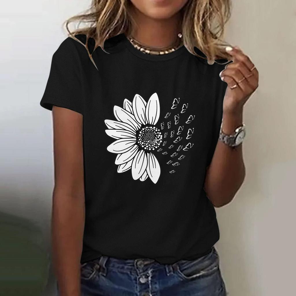 Women's Casual Floral Print Short Sleeved T-shirt With Round Neck  Top