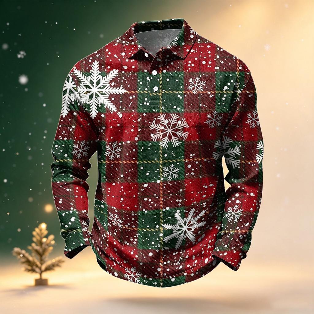 Men's Golf Shirt Long Sleeve Casual Christmas Print Quick-Dry Mesh Top