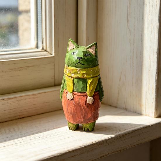 Wooden Hand-Carved Cat Figurine, Artistic Kitten Ornament, Rustic Collectible Kitty Sculpture, Unique Desktop Ornament Birthday Gift for Friends Cat
