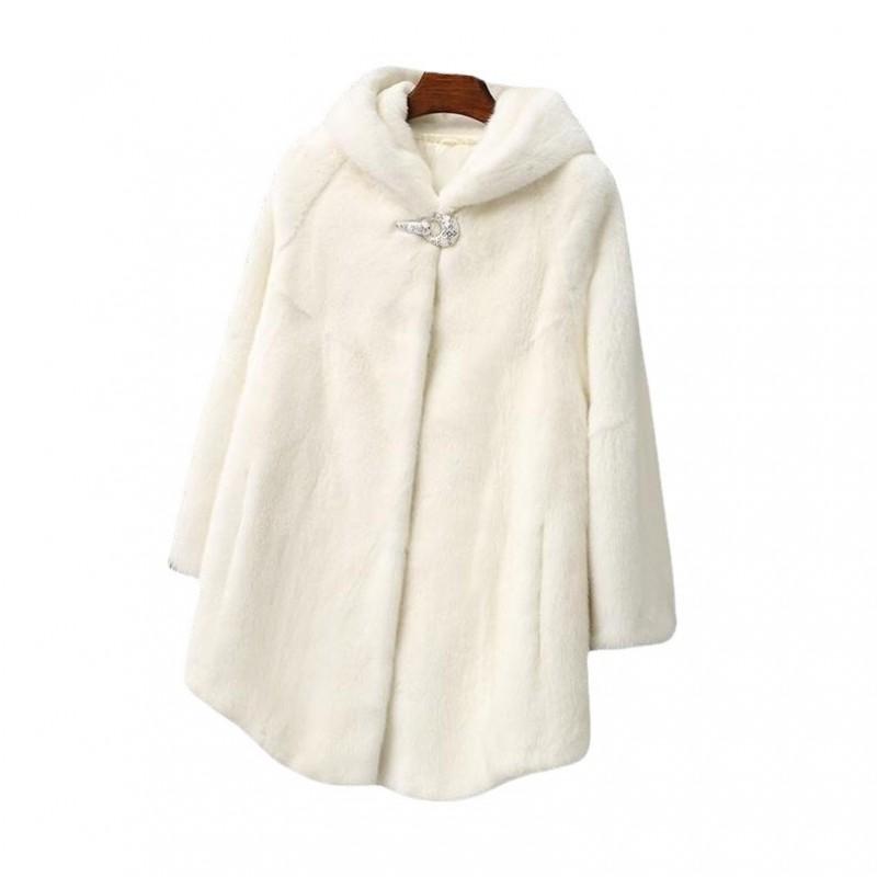 Womens Faux Fur Coat Mid-Length Hooded Oversized Winter Jacket In White Black Beige
