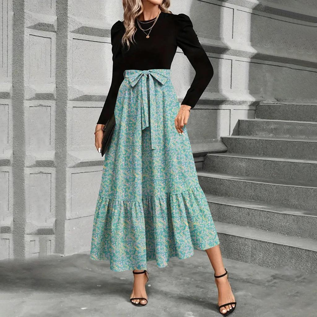 Women's Floral Print High Waist Fashionable And Elegant Dress