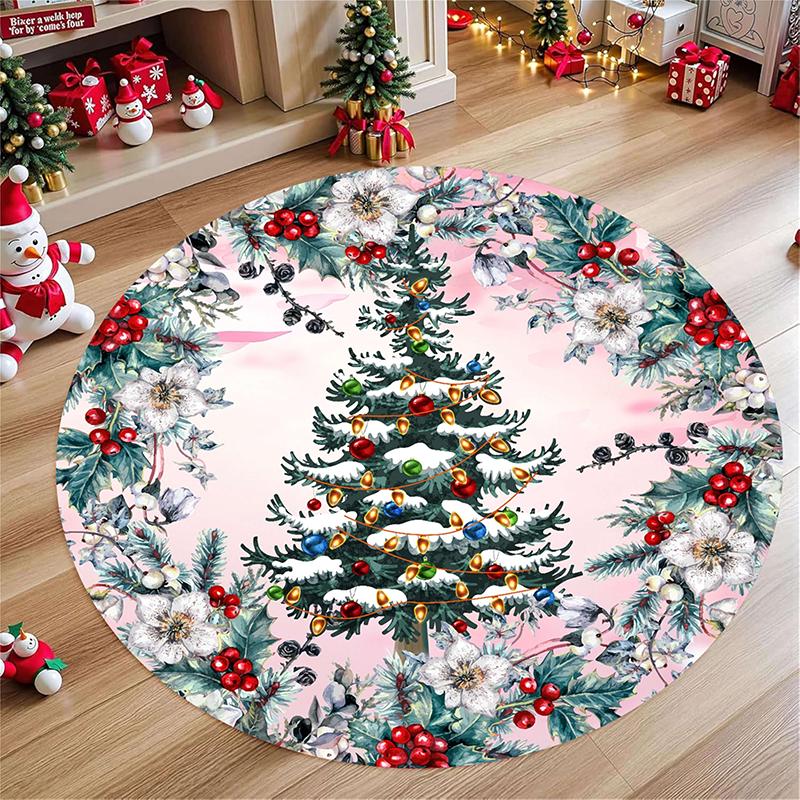 

1pc Christmas round carpet: festive design of home decoration-tree pattern, wreath, nutcracker. 60cm