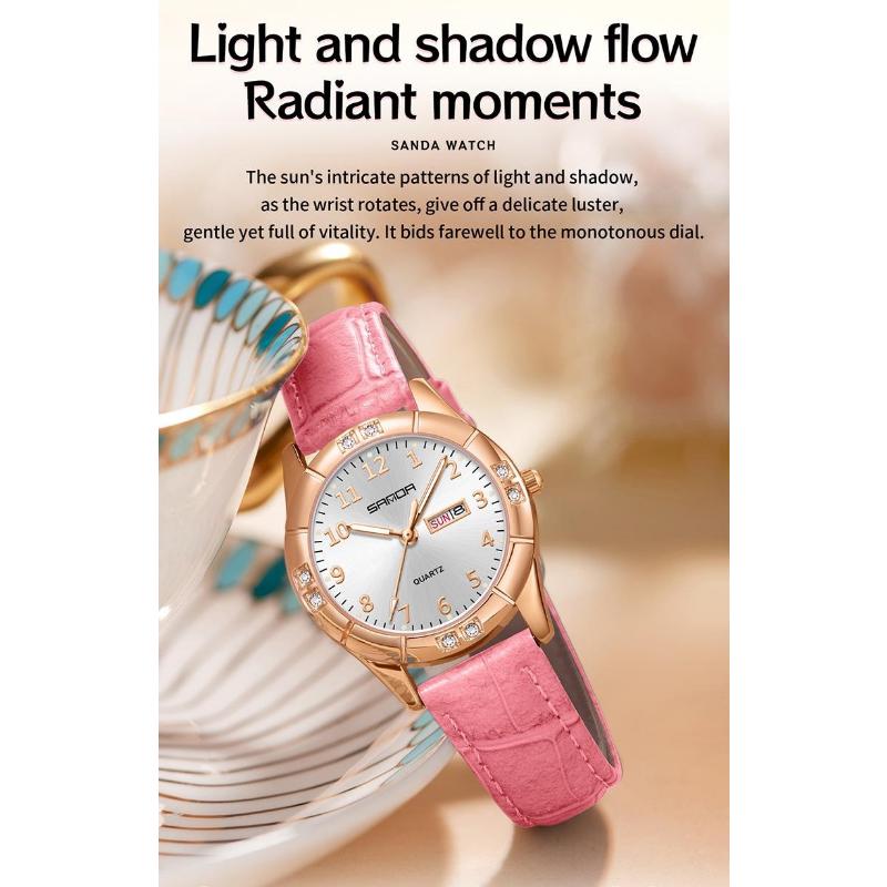 SANDA Womens Watch Original Elegant Simple Quartz Wristwatch Waterproof Luminous Leather Strap Ladies Watches Women's Gift